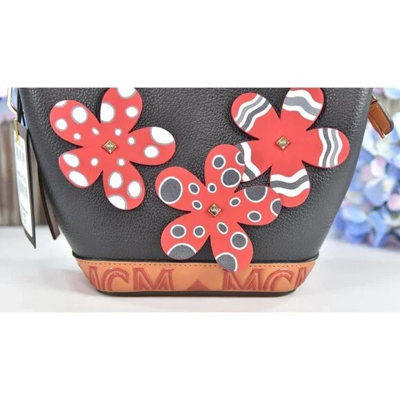 MCM Red Black Goatskin Mini Upcycling Project Flower Milano Drawstring Bag NWT